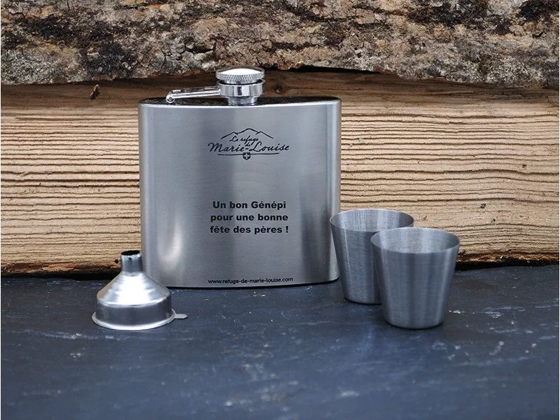 Coffret cadeau flasque inox et génépi, 2 verres et un entonnoir